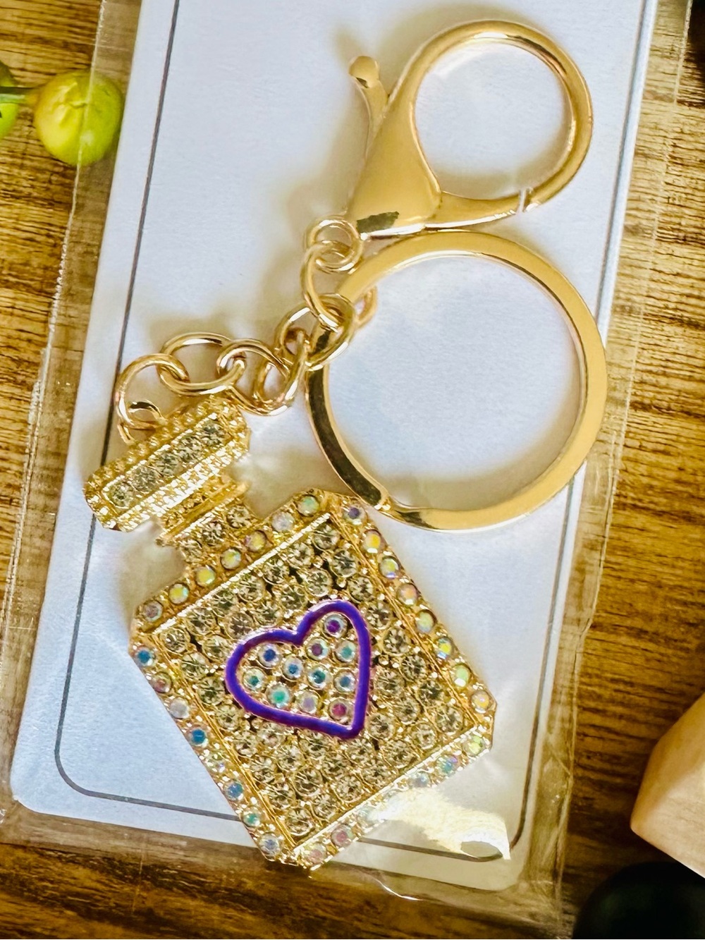 NWT Gold Bag Charm Keychain Crystal Perfume Bottle w/ Purple Enameled Heart